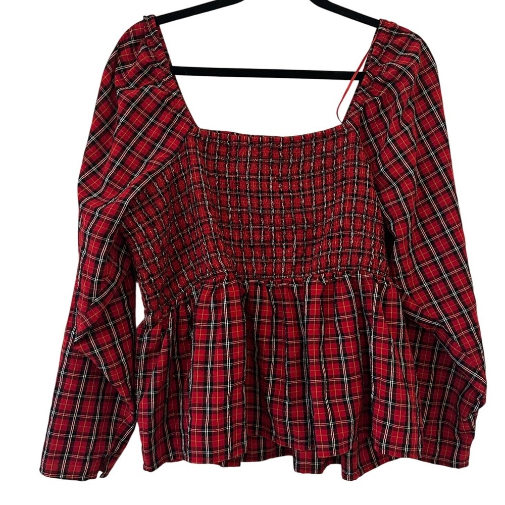 Old Navy Womens XXL Red Plaid Smocked Peplum Top Cottagecore Long Sleeve Blouse